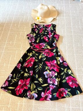 Alyx Black Floral Midi Dress with Pink Belt